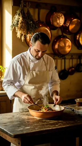chef français préparant un plat régional traditionnel dans une cuisine rustique