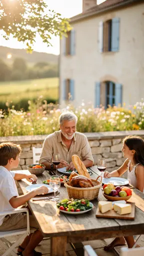 famille française partageant un repas champêtre autour d'une table en bois