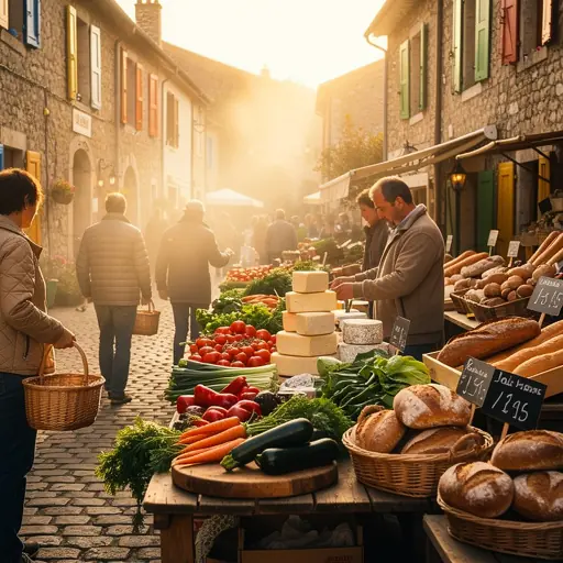 marché de village français avec producteurs locaux légumes frais fromage et pain sur étals en bois