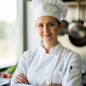portrait rapproché d'une cheffe française confiante avec tablier propre et sourire doux
