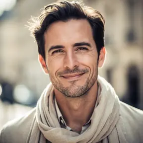 portrait rapproché d'un voyageur français détendu avec sourire subtil style casual chic lumière naturelle douce