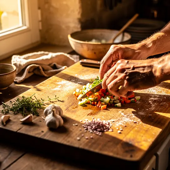 mains préparant un plat français traditionnel sur planche en bois dans cuisine rustique