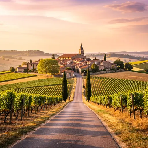 route de campagne française vers village vignobles champs coucher de soleil ambiance paisible