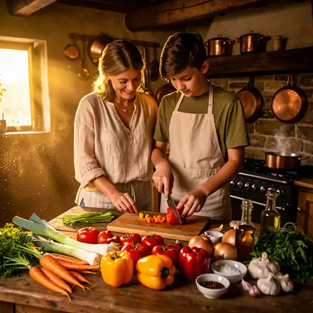 mère apprenant à son fils adolescent à cuisiner un plat traditionnel français dans une cuisine rustique