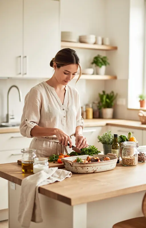 femme préparant un plat régional français dans une cuisine moderne lumineuse