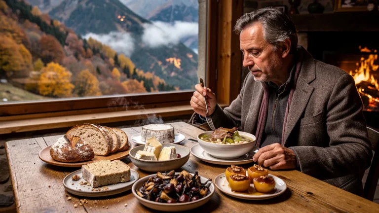 Menus terroir des auberges pyrénéennes en automne, table rustique et plats locaux dans une auberge chaleureuse