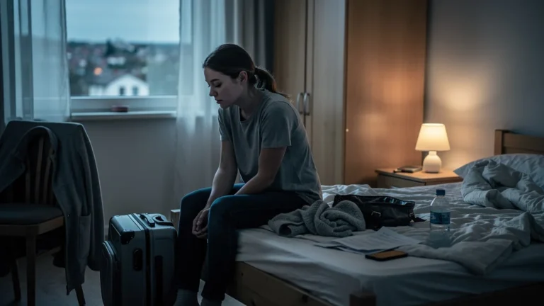 Femme épuisée dans un refuge complet à la dernière minute, illustrant l’échec de sa première soirée