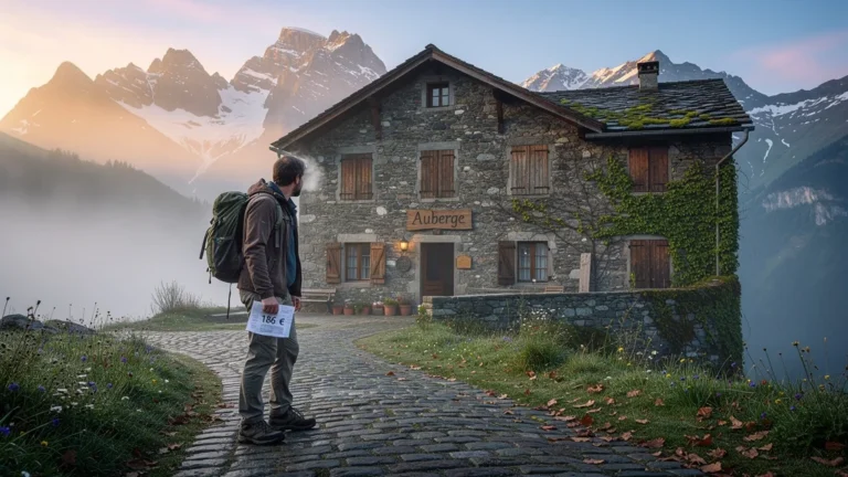 Extérieur d’une auberge fermée début mai à Gavarnie avec un voyageur déçu tenant une réservation coûteuse