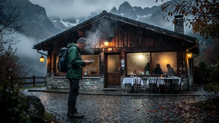 Scène réaliste d’une réservation ratée à Gavarnie un mardi de novembre sous la pluie et le brouillard