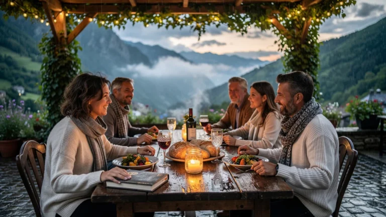 Dîner en plein air à Arrens-Marsous après l'averse, ambiance détendue et abandon du planning