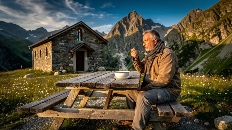 Soupe dégustée près de la chapelle à Héas, vue imprenable sur Troumouse en lumière dorée