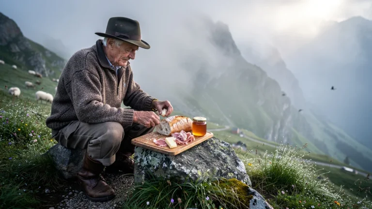 Au col du Soulor, un berger partage un casse-croûte dans la brume matinale des Pyrénées