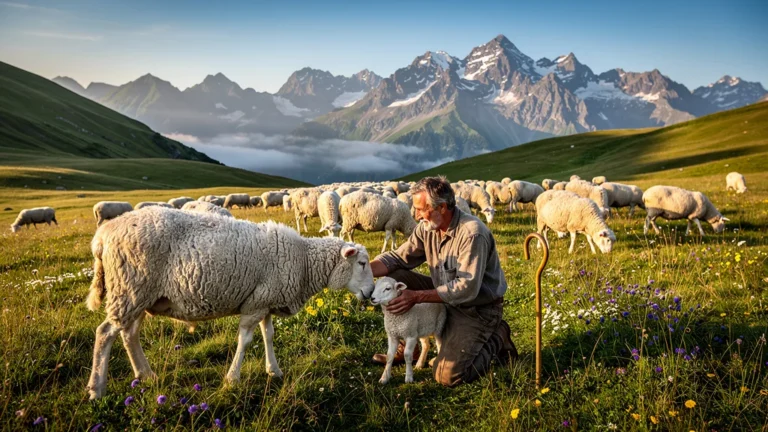 Berger avec brebis Barèges-Gavarnie en estive dans les montagnes, origine du goût d'agneau authentique