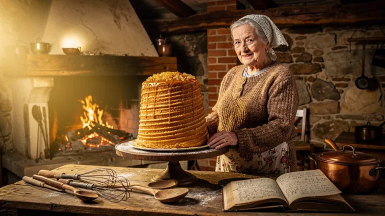 Gâteau à la broche de mamie d'Aucun dans une cuisine rustique avec feu de cheminée chaleureux