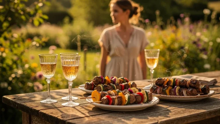 Photo hyper-réaliste anisettes et brochettes en plein air sur table en bois dans un jardin français