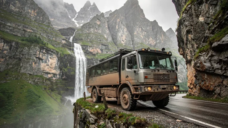 Bus lourd sur route montagneuse à Gavarnie dans un paysage alpin accidenté et réaliste