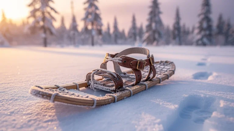 Chaussure de neige en bois sur neige immaculée au lever du jour, lumière dorée et détails ultra-réalistes