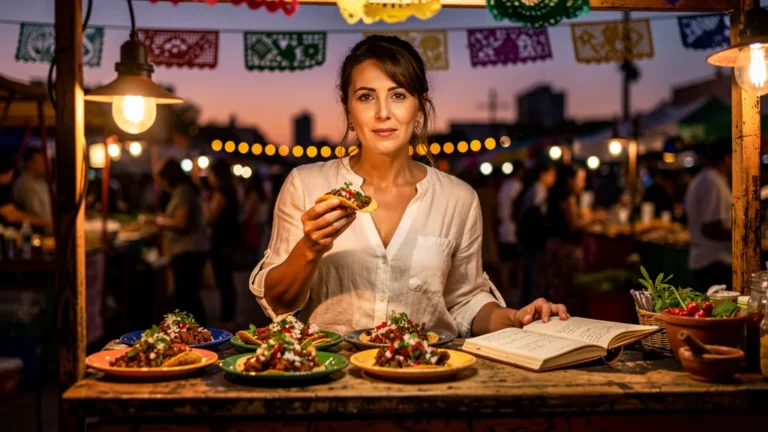 Photo réaliste d’un stand de tacos mexicain animé au crépuscule avec une femme dégustant un taco