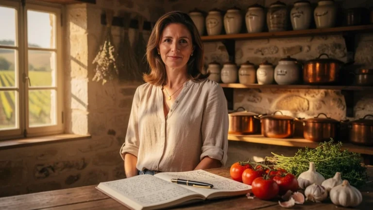 Portrait hyper-réaliste d'une rédactrice gastronomique française évoquant Gilles Cresno en 2024