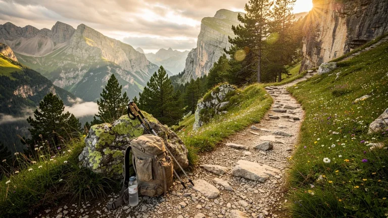 Sentier escarpé vers Pragnères en montagne, lumière dorée, paysage alpin réaliste et détaillé