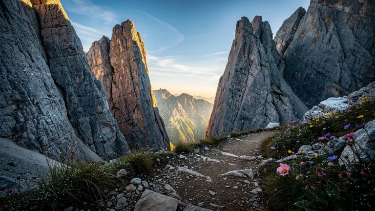 Vue panoramique hyper-réaliste de la brèche de Roland au lever du soleil, paysages alpins sauvages et sentier escarpé
