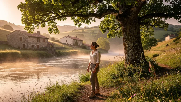 Paysage naturel de la tribu herbretaise au coucher de soleil avec femme contemplative et ferme traditionnelle