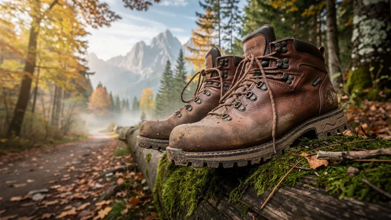 Chaussure de randonnée robuste posée sur un sentier forestier automnal pour bien choisir sa chaussure
