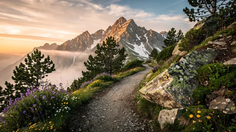 Paysage hyper-réaliste d'une randonnée dans les Pyrénées au coucher du soleil, sentier montagneux et flore alpine