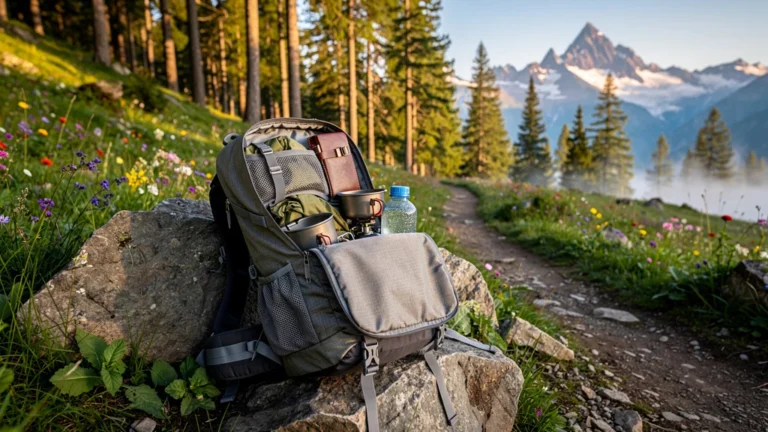 Sac de 40 à 50 litres soigneusement organisé pour trois jours en montagne au petit matin