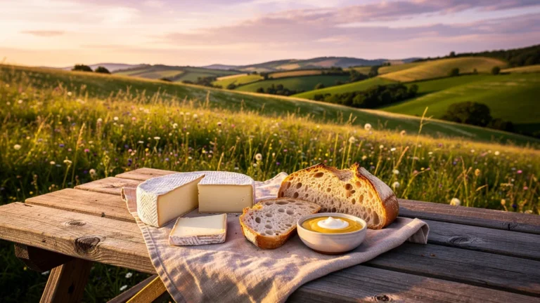 Plateau de Saugué avec casse-croûte de brebis authentique au coucher du soleil, ambiance paisible et naturelle